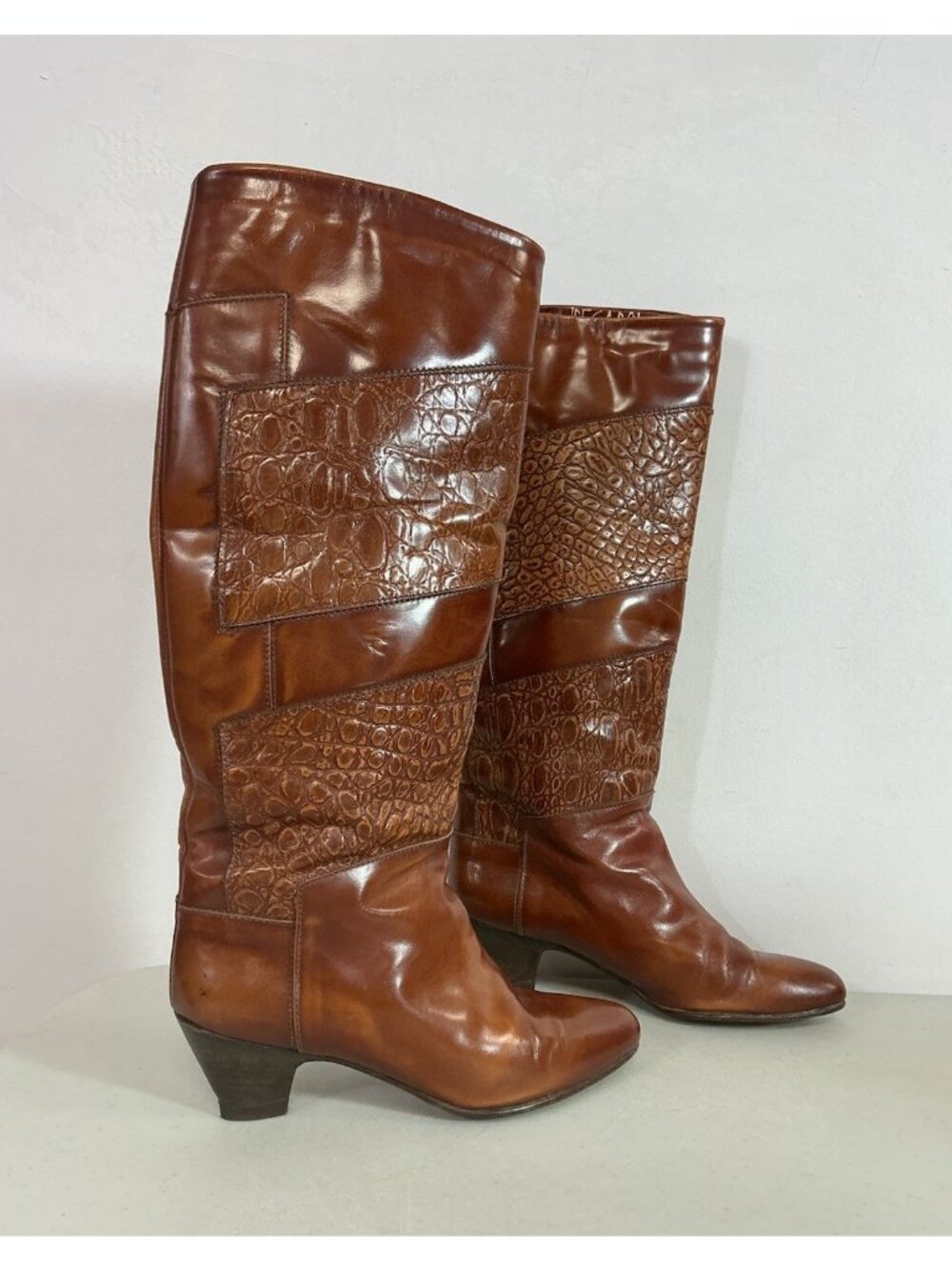 Pegabo Vintage Croc Print Tall Leather Boots Brown Knee High Women’s 36